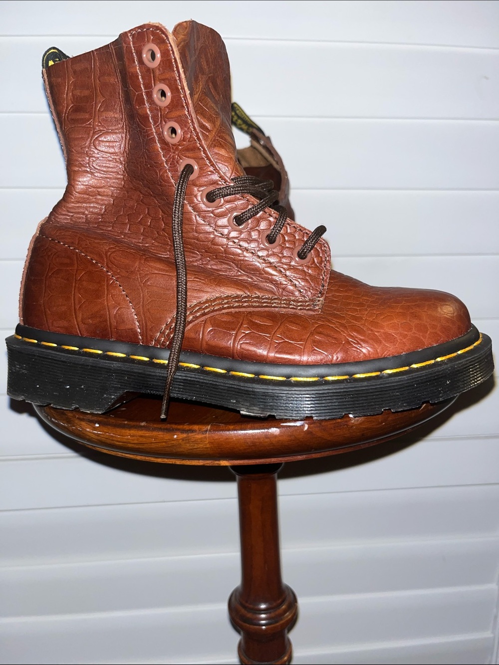 Dr. Martens Brown Croc-Embossed Lace-Up Boots with Yellow Stitching